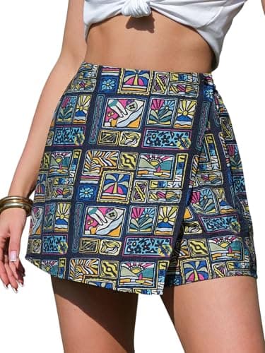 EXLURA Womens Summer Wrap Short Skirt Tropical Faux Linen Boho Mini Skirts Button Side High Waist Skort Beach Vacation Resort - Image 1