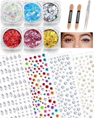 Face Glitter Gems Rave Accessories: 6 Face Body Glitter Gel & 4 Self Adhesive Gem Stickers 1440PCS, Sparkly Rhinestone Stickers Hair Jewels Kit Girls Women Party Makeup Accessories (Water Droplets) - Image 1