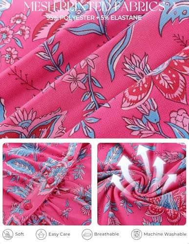 GRACE KARIN Women Mesh Boho Top Dressy Casual Short Sleeve Button Down Collared Shirt 2026 Floral Blouse Rose Red Large - Thumbnail 5