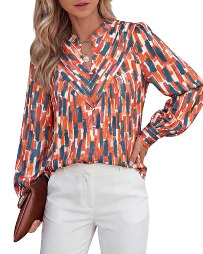 BTFBM Womens Tops Dressy Casual Spring 2026 Boho Floral V Neck Long Sleeve Half Button Down Shirt Work Business Blouses(Striped Orange, Medium) - Image 1