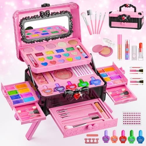 Kids Makeup Sets for Girls - Pretend Make Up Kits Real Washable Princess Toys with Mirror, Real Dressing Table with Stand Play Makeup Toys for 3 4 5 6 7 8-12 Year Old Girls Birthday & Christmas