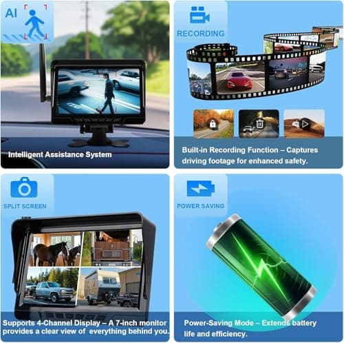 Solar Wireless Backup Camera with Magnetic, 7" HD 1080P Recording Monitor, Alarm Function, Night Vision, Vehicle Back up Cameras for Car RV Truck Trailer Camper SUV - Thumbnail 4