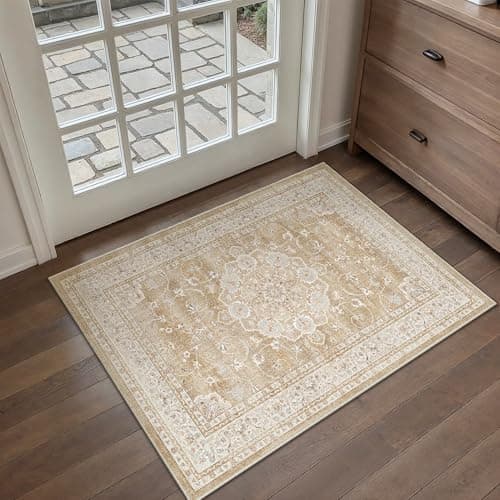 HUGEAR Entryway Machine Washable Area Rugs 2x3 Vintage Beige Brown Small Neutral Style Non Slip Stain Resistant Low Pile Throw Carpet for Hallway Kitchen Retro Aesthetic Modern Decor - Thumbnail 2