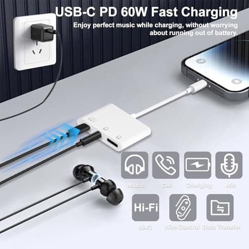 KikoSaka USB C to Headphone Jack Adapter 3 in 1 Dual Type C Aux Splitter USB C to 3.5mm Audio Adapter with PD 60W Fast Charging and Data Transfer for iPhone 17 16 15, Galaxy - Thumbnail 3
