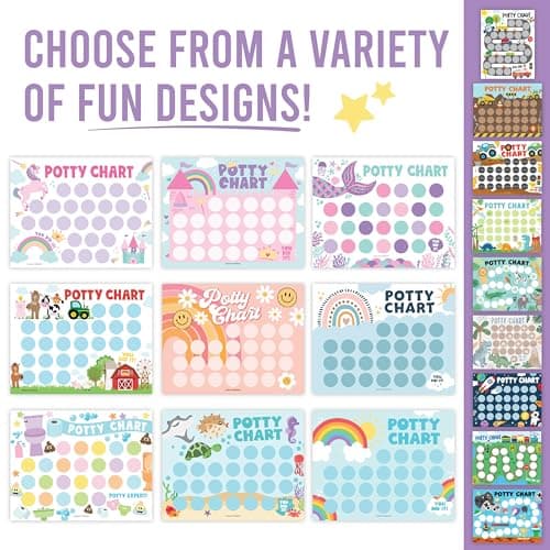 Hadley Designs Potty Training Chart for Toddlers Girls -10 Sticker Potty Chart for Toddlers Girls, 8.5x11" Potty Training Sticker Charts for Toilet Success, Retro Toddler Reward Chart for Kids - Thumbnail 2