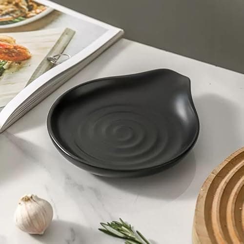 6-Inch Ceramic Spoon Rest - Heat Resistant, Non-Slip for Kitchen Utensils, Spoon Holder Stovetop, Dishwasher Safe - Elegant Spiral Design Black, Housewarming Gift - Image 1