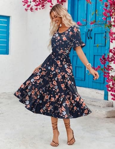 Zeagoo Summer Midi Dresses for Women Casual Short Sleeve V Neck Flowy Long Dresses Tiered Swing Beach Dress with Pockets Navy Blue Floral - Thumbnail 2