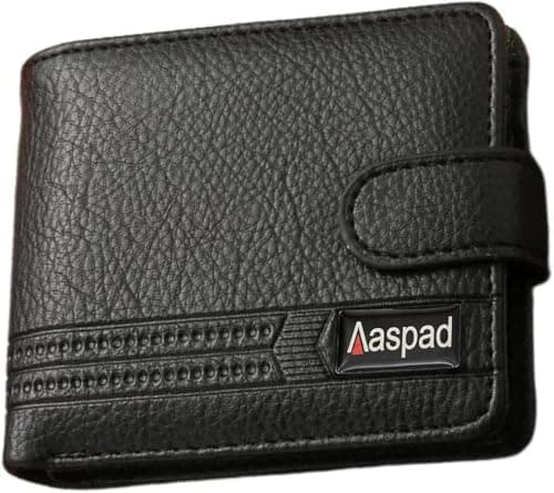 Aaspad Leather Wallet for Men's Gift Bifold Style Fasten with Belt Buckle Button Closure Bank Credit Card Slots Coin/Airtag pockets and 2 transparent Photos and ID Windows(Black) - Image 1