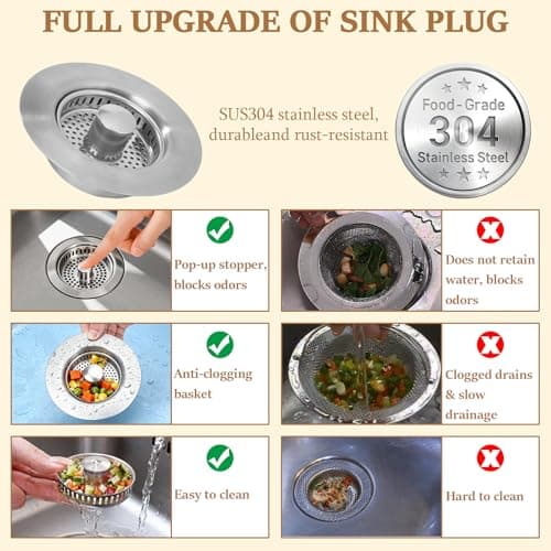 3-in-1 Kitchen Sink Drain Strainer - Pop Up Sink Stopper with Anti-Clogging Basket, Kitchen Gadgets Clearance Sink Accessories, Fits Standard 3-1/2” Openings for Double Bowl Kitchen Sinks - Thumbnail 6