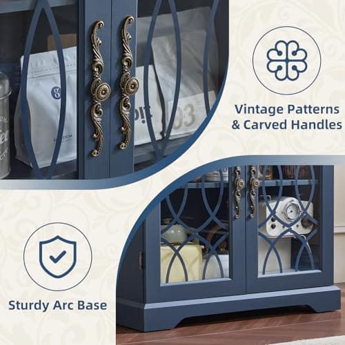 Joaxswe 67" Tall Bookshelf, Rustic Book Shelf w/Vintage Pattern Tempered Glass Doors, 5-Tier Wood Bookcase with Adjustable Storage Shelves, Retro Curio Display Cabinet for Living Room, Navy Blue - Thumbnail 3