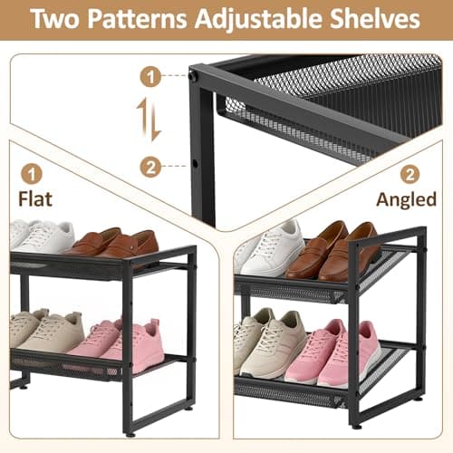 Expandable Shoe Rack, 2 Tier Adjustable Shoe Organizer with Flat & Slant Dual Use Design, Space Saving Shoes Stand for Closet & Entryway, Sturdy Dense Metal Grid Shoe Holder for High Heels, Sneakers - Thumbnail 4