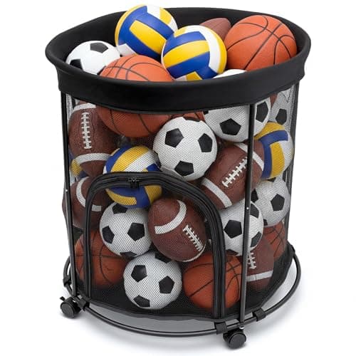 HENMI Upgraded Round Sports Ball Storage Cart - Rolling Ball Holder with Wheels for Basketball Storage & Outdoor Toy Storage, Metal Bin for Garage & School - Image 1