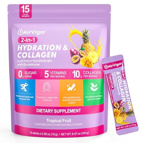 AirVigor Electrolyte Collagen Powder Packets, 10g Collagen Protein Drink Mix for Hydration Recovery, Zero Sugar 2-in-1 Post Workout Rehydration, Joint Skin Muscle Support, 5 Vitamins, Tropical Fruit - Image 1