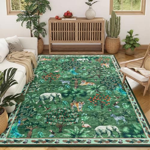 Yamaziot Washable Area Rug 5x7 – Jungle Animal Print Linen Rug for Living Room, Low Pile Non Slip Boho Floor Carpet for Indoor Outdoor Rug, Bedroom, Living Room, Dining Room, Forest Green - Image 1