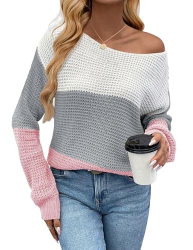 Libsorge Womens Sexy Off The Shoulder Sweater Spring 2025 Trendy Lightweight Ladies Dressy Casual Outfits Cute Crochet Waffle Knit Hollow Out Color Block V Neck Long Sleeve Pullover Top 1-Pink M - Image 1