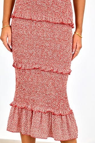 dowerme Women Summer Casual Floral Midi Smocked Bodycon Dresses Spaghetti Strap Square Neck Ruffle Mermaid Prom Dress(Brick Red,Medium) - Thumbnail 5