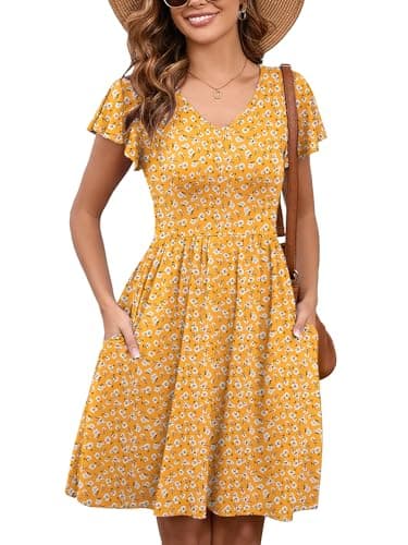 Heymoments Women Summer Dress Yellow Celosia X-Large Ruffle Sleeve V Neck Casual Cute Loose Sundress Comfy Swing Midi Work Flowy Tunic Ladies Beach Vacation Teacher Dresses with Pockets - Image 1