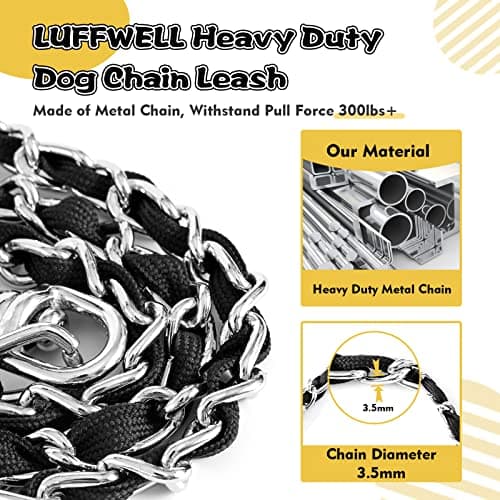 LUFFWELL Heavy Duty Metal Dog Chain Leash with Comfortable PU Leather Padded Handle, Chew Proof for Medium Large Pooch Walking Training (6FT 3.5mm Black) - Thumbnail 2