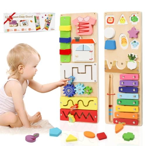Montessori Busy Board for 1 Year Old, 2 Pcs Wooden Sensory Toys for Toddlers 1-3, Preschool Learning Activities Game for Fine Motor Skills, Birthday Easter Gifts for 1 2 3 4 Years Old Baby Boys Girls - Image 1