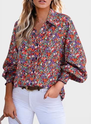Dokotoo Womens Long Sleeve Tops for Women Work Business Button Down Ladies Blouses and Tops Loose Fit Dressy Allover Floral Print V Neck Office Boho Tunic Top 2026 Trendy Fall Outfits Purple Large - Thumbnail 5