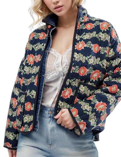 Wyeysyt Women's Cropped Puffer Jacket Lightweight Floral Print Long Sleeve Padded Quilted Puffy Cardigan Coat(Navy-03L) - Image 1
