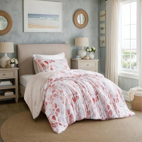 Regency Heights Lightweight Seersucker Botanical Comforter Set Twin Size, 2 Pieces Reversible Design with Striped Print, Premium Microfiber Bedding Set, Comforter and Sham Set, Pink - Image 1