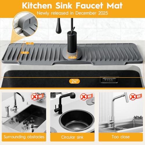 24" Silicone Faucet Mat for Kitchen Sink Released in 2025/12TH,8° Slope Fast Self-draining, Bathroom Kitchen Sink Area Water Splash Guard Behind Faucet Draining Dark Grey - Thumbnail 2