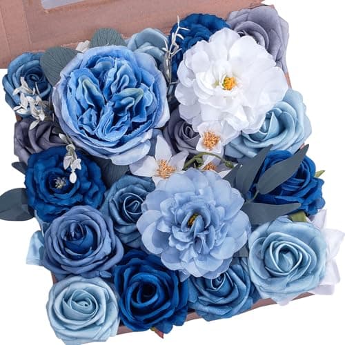 AKAUKIN Dusty Blue Artificial Flowers Box Set with Premium Silk Roses & Dahlia for Wedding Bridal Bouquets, Baby Shower, Birthday Party, Table Centerpieces, Home Decor & DIY Floral Arrangements - Image 1