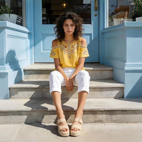 Tarkwa Platform Wedges Sandals for Women Summer Slip on Espadrille Flatform Slides Open Toe Adjustable Buckle Bohemia Beach Raffia Beach Sandals Beige Size 8 - Thumbnail 3