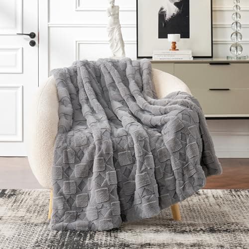 Cozy Bliss Faux Fur Textured Throw Blanket for Couch Super Soft Fuzzy Checkered Bed Blanket Gift for Women Premium 3D Geom Jacquard All Season Use Grey 50"*60" - Image 1