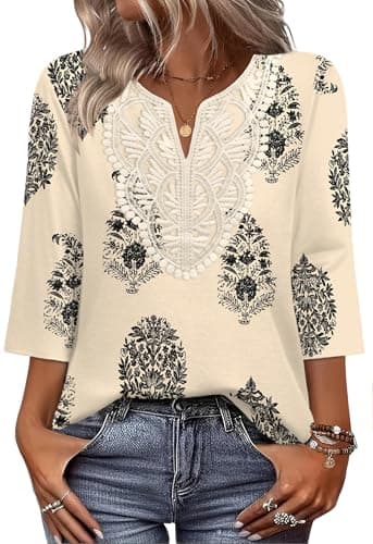 WIHOLL Hawaiian Shirts for Women Cruise Outfits for Women 2026 Resort Wear Business Casual Outfits 3/4 Sleeve Spring Tops Fall Clothes Winter Clothing Boho Fashion Vacation Tees Apricot XL - Thumbnail 2