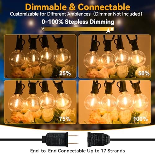 100ft Outdoor String Lights Waterproof/Connectable/Dimmable with 52 LED Shatterproof Bulbs,2-Pack 50ft UL Listed Globe G40 String Lights Outside Lighting for Patio Backyard Cafe Party Wedding Garden - Thumbnail 4