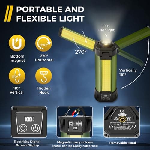 Geisofu Rechargeable Work Light with Stand, Outdoor LED Cordless Camping Light, Portable Telescopic Bracket, 6AH Battery 500/1000/2000 Lumen, 3500K/4500K/6500K, Construction Lights - Thumbnail 2