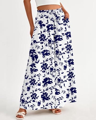 BTFBM Women Casual High Waist Wide Leg Pants 2026 Spring Summer Long Palazzo Pants Pocket Lounge Beach Vacation Clothes(Print White Blue, Small) - Thumbnail 3