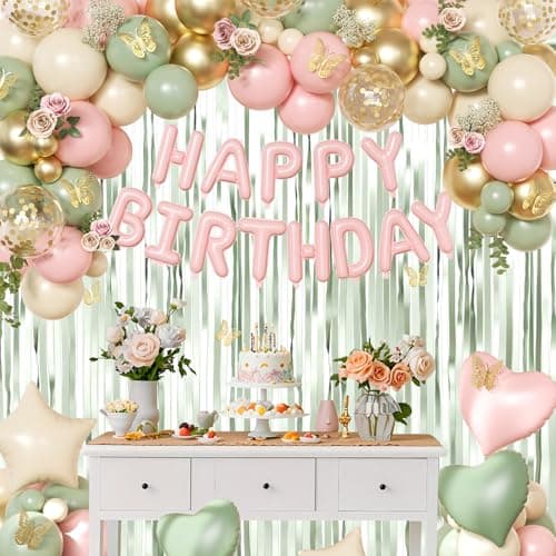 Pink and Green Birthday Decorations for Women Girls, Sage Green Pink Sand White Gold Foil Confetti Balloons Happy birthday Banner Gold Butterfly Fringe Curtains Birthday Decorations - Thumbnail 4