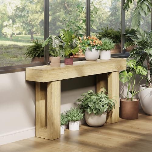 63"L x 33"H x 12"D Console Table, Ribbed Fluted Entryway Table, Japandi Thick Wood Design Oak Sofa Table Behind Couch, Scandi Wood Texture Hallway Entrance Table Valentine's Day, Natural Oak - Thumbnail 6