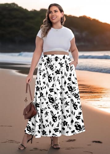 Lastshe Plus Size Maxi Skirts for Women Summer Business Work Elastic High Waisted Hide Drawstring Flowy A-line Long Skirt with Pockets,Print Black,1X - Thumbnail 3