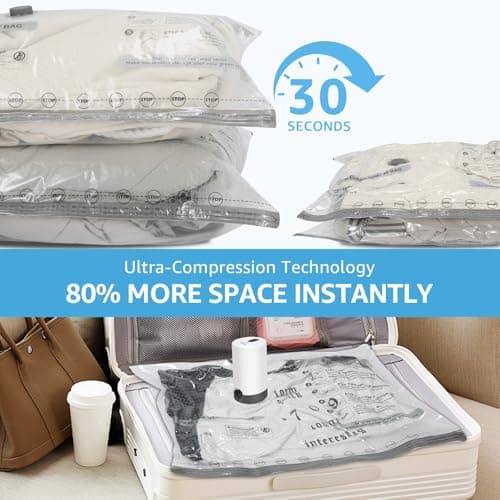 15 Packs Vacuum Bags for Travel with Rechargeable Pump, 3 Sizes Vacuum Seal Bags for Clothing, Compression Vacuum Travel Bags for Luggage, Vacuum Packing Bags for Closet Organization - Thumbnail 2