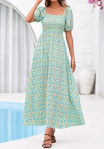 BTFBM Spring Summer Dresses for Women 2026 Puff Short Sleeve Smocked Floral Print Boho Beach Wedding Guest Maxi Dress(Light Green Flower, Small) - Thumbnail 4