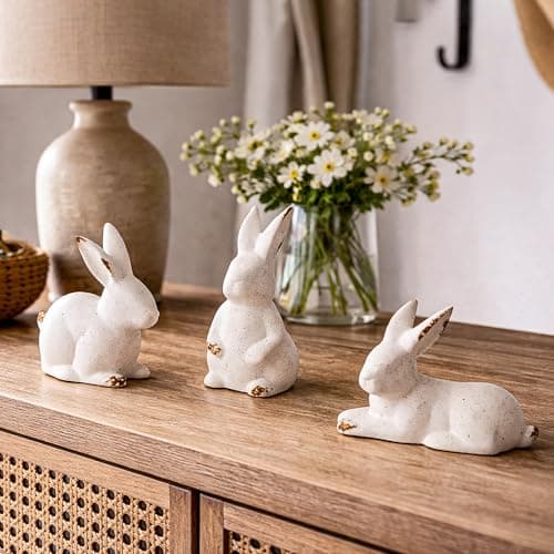 Gleemoria 3 Pcs White Ceramic Bunny Figurines – Easter Bunny Decor, Modern White Rabbit Statues for Home, Tabletop, Bookshelf & Farmhouse Easter Decorations, Spring Gifts for Indoor Tabletop - Image 1