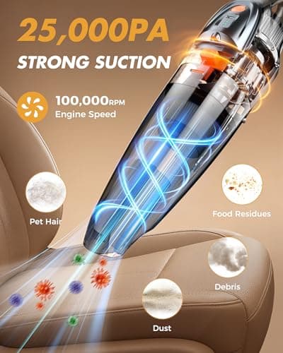 Handheld Vacuum Cordless 25000PA Powerful Suction, Portable Car Vacuum, 3 in 1 Hand Held Vacuum Rechargeable 8000mAh with LED Light, HEPA Filter, Home, Car Seats, Office, Pet Hair, Dust Buster - Thumbnail 2