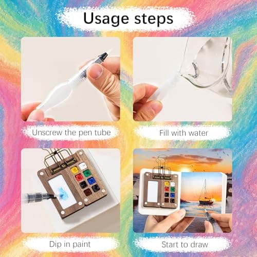YAKUNCL 12-Color Mini Watercolor Travel Set with Wooden Sketchbook Kit - Portable Watercolor Painting Set Including Water Brush Pen, Sketch Pad & Copper Clip for Artists, Students & Painters - Thumbnail 3