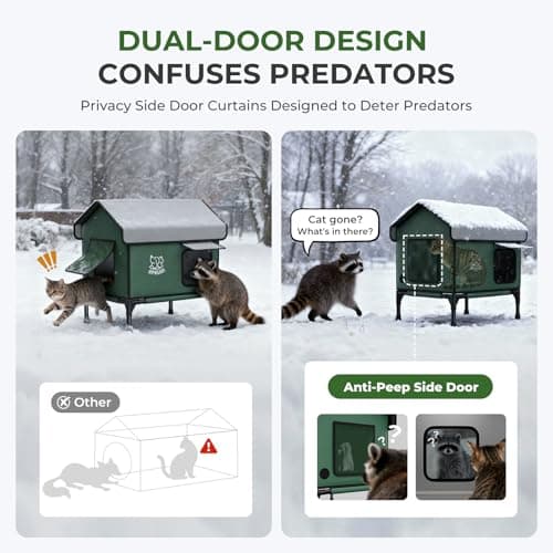 Apasiri Heated Cat House Weatherproof - Insulated Outdoor Cat Shelter with Thermostatic Heating Pad, Water Resistant 900D Oxford Feral Cat House with Anti-Peep Curtains Escape Door for Winter, Large - Thumbnail 5