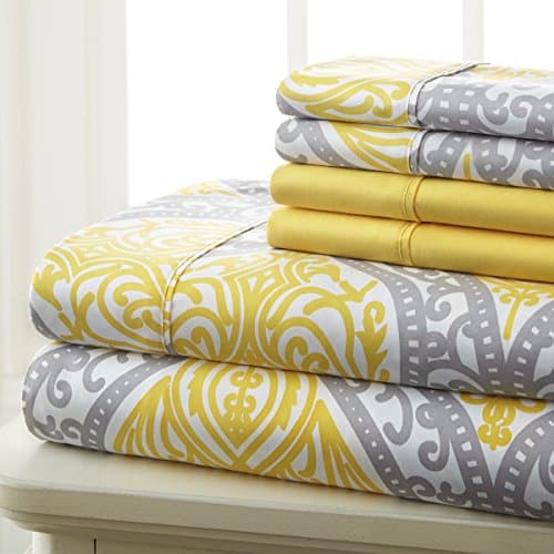 King Size Bed Sheets Set Deep Pockets - 6PC Floral Ultra Soft Microfiber Bed Sheets - Easy to Clean, 90 Thread Count Sheets with Fitted Sheet, Flat Sheet & Pillowcases (Grey/Yellow Medallion) - Image 1