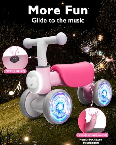Doselie Toddler Outdoor Toys Balance Bike for 1 2 Year Old Girl Birthday Gifts,4 Wheels Colorful Lighting with Music Baby Balance Bike,Toddler Toys for 1st 2 Year Old - Thumbnail 3