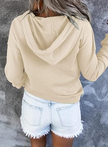 Dokotoo Womens Sweatshirts and Hoodies Front Button Collar Comfy Simple Plain Long Sleeve Drawstring Hoodies for Women with Pockets Hooded Pullover Casual Fashion Winter Autumn Shirt Tops Apricot M - Thumbnail 2