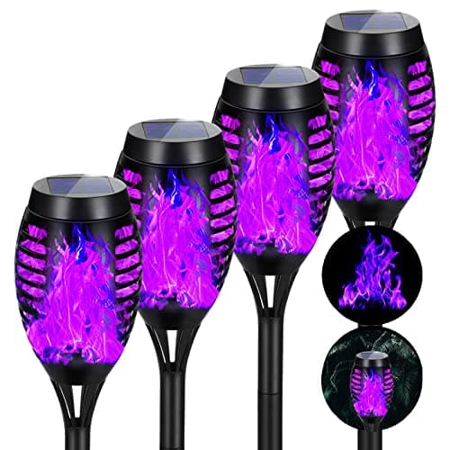 AOUNQ Solar Lights Outdoor Halloween Decorations, Upgraded 4 Pack Purple Solar Torch Lights with Flickering Flame, Waterproof Halloween Lights Outdoor, Tiki Torches for Outside Patio Pathway Decor - Image 1