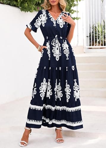 Lazysmile Summer Dresses for Women Short Sleeve V Neck Floral Drawstring Flowy A Line Boho Maxi Dress with Pockets Navy - Thumbnail 6