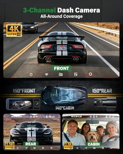 Nymzview 4K+2.5K+2.5K 3 Channel Dash Cam - Front/Rear/Inside - 5.8GHz WiFi 6 Dashcam with IR Night Vision, 64GB Card, 24H Parking Mode, G-Sensor - Car Dash Cam for Rideshare & Taxi - Thumbnail 2