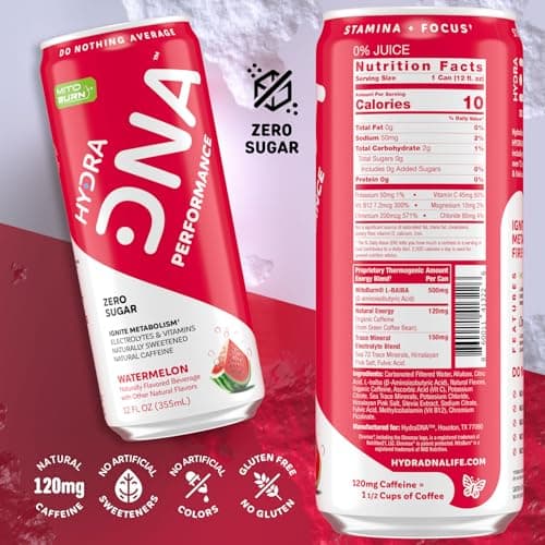 HYDRADNA- Clean Performance Drink, Zero Sugar | For Natural Fuel, Alertness, Boost, Stamina,120 mg Organic Caffeine, Natural Flavors, Zero Sucralose, Clean Ingredients (12 Pack) (12 Pack, Watermelon) - Thumbnail 2